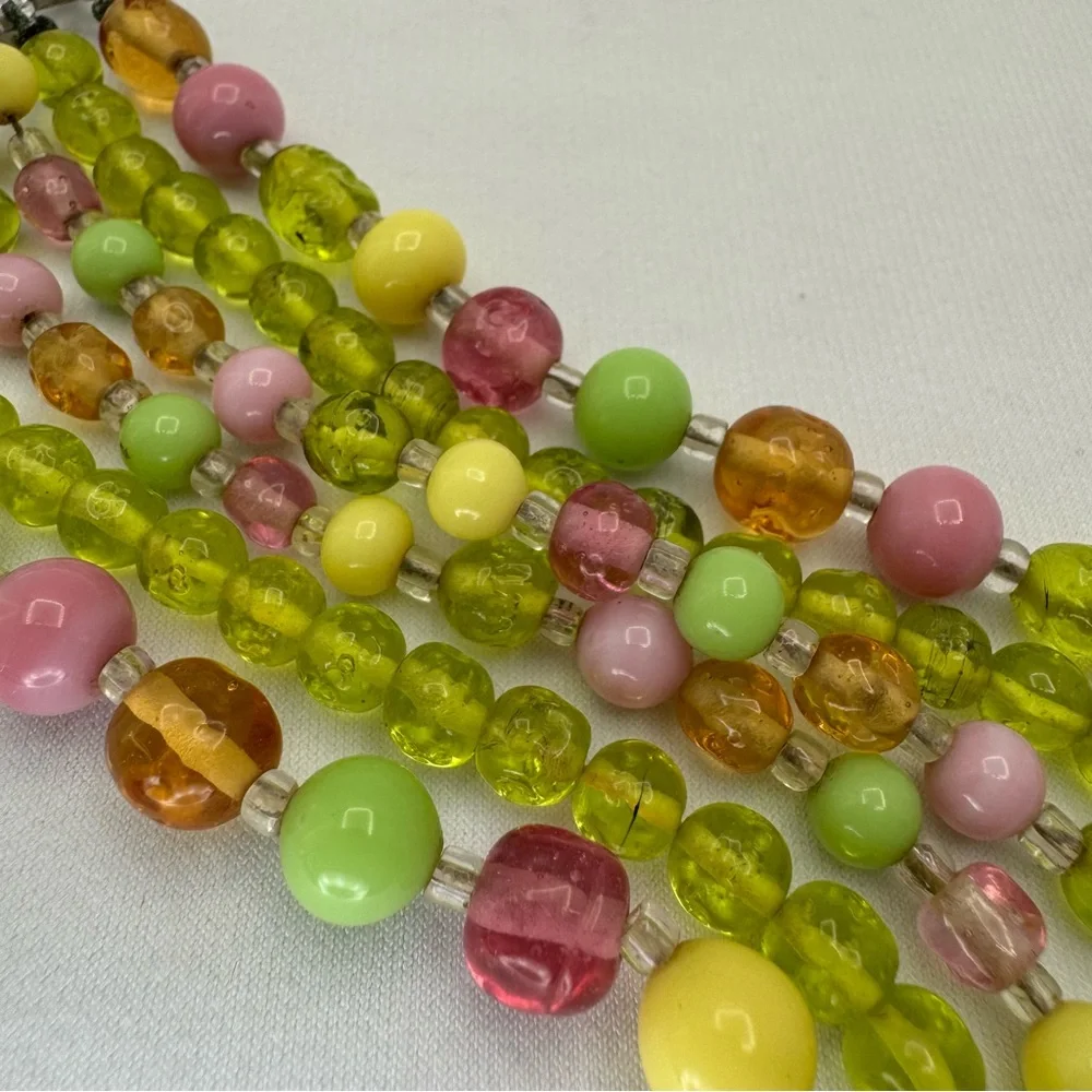 Vintage Japan Colorful Glass Bead 3 Strand Necklace Retro Statement Spring